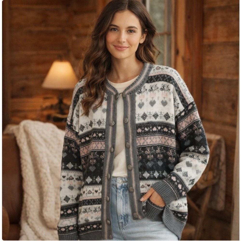 Spunky USA 1X Nordic Fair Isle Cardigan Heart Button Cozy‎ Grandpa Sweater
